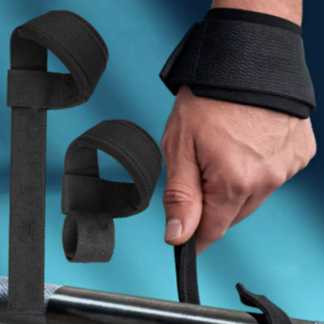 Black weightlifting straps on hand